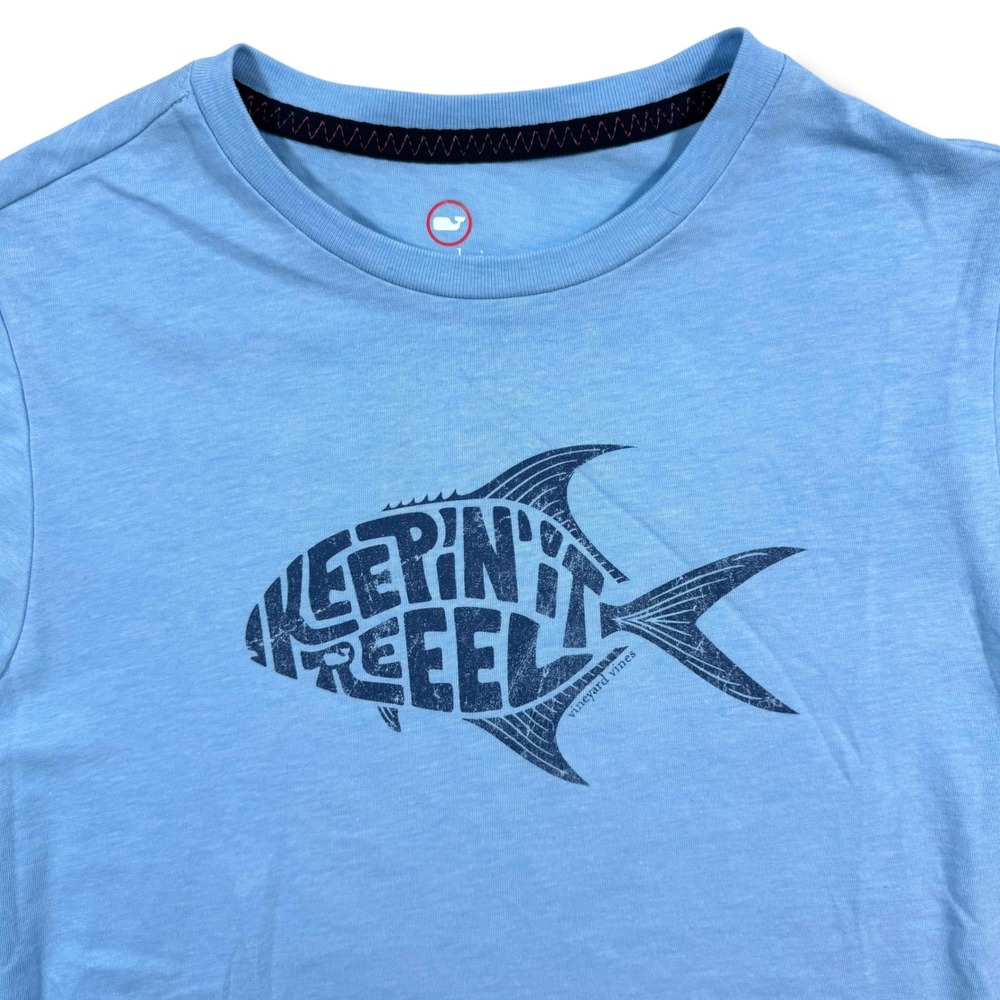 Vineyard Vines Dunes‎ Tee Kids Size M 12-14 Blue Keepin It Reel Fish Graphic